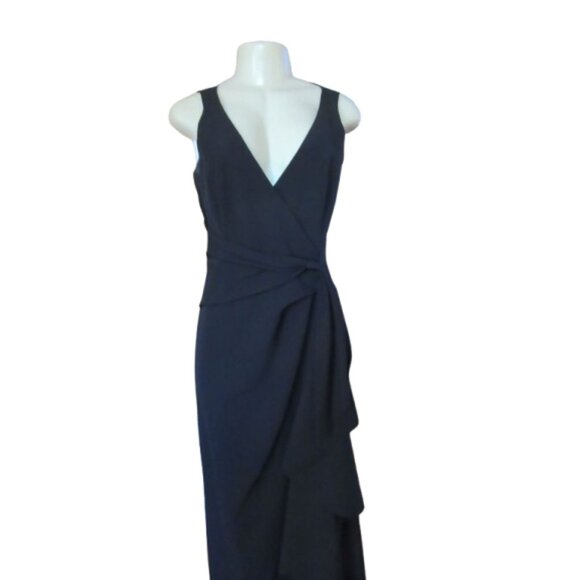Marina Black Sleeveless Maxi Dress w Deep V-Neck & Draped Waist Size 4 - Picture 2 of 8